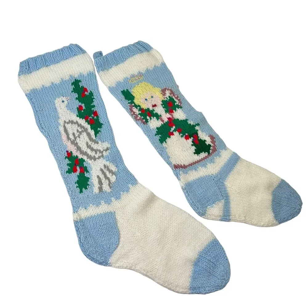 Knitted‎ Christmas Stocking Angel Bird Dove Blue Rustic Farmhouse Holiday Decor